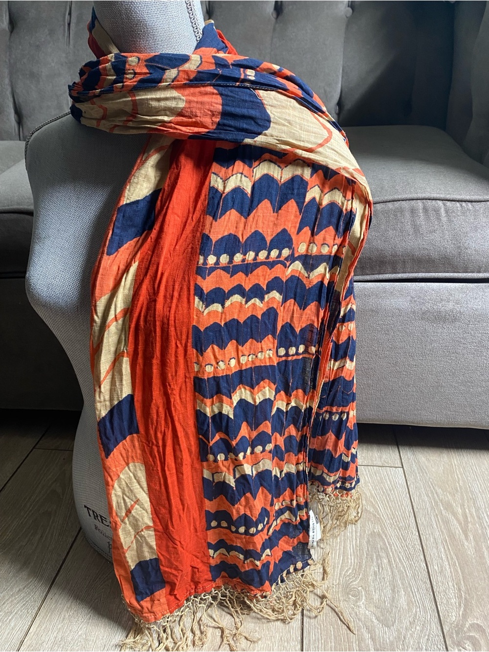 Banana Republic Geometric Scarf Orange Navy Blue Cream Fringe Tassel Lightweight